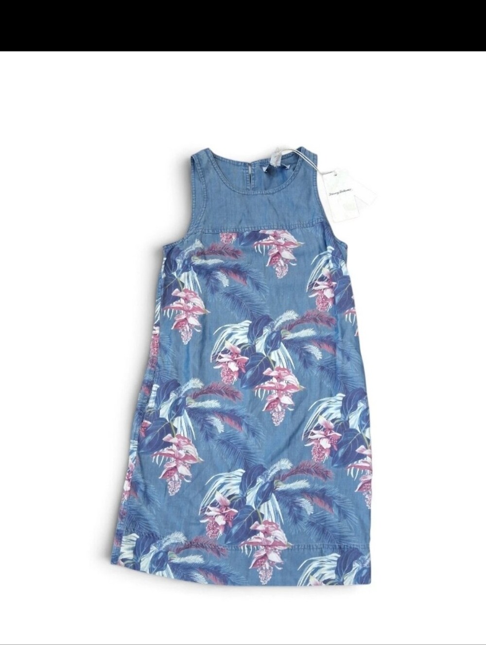 Tommy Bahama Tropical Floral Shift Dress Chambray Yoke Lyocell Blue Pink NWT XXS